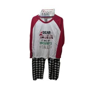 Funny Family Deer Santa Christmas Holiday Pajamas 2 Piece Plaid Women's L